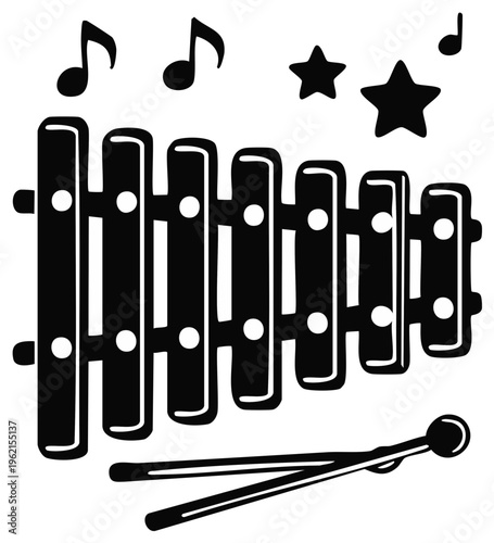 Black and white xylophone design with music notes and stars