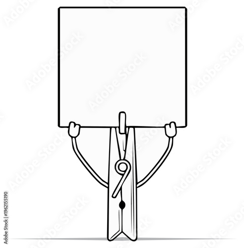 Cartoon clothespin character holding a blank sign for messages and information