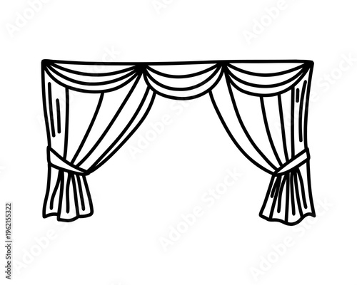 Elegant stage curtains in hand drawn outline style, classic theater drapery frame for cinema openings, performance posters, event invitations and entertainment themed graphics. Vector illustration
