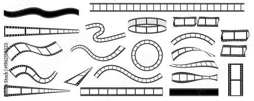 Large collection of filmstrip borders, curves, circles and perspective ribbons, versatile cinema design set for editing layouts, movie titles, multimedia graphics and creative templates. Vector illust