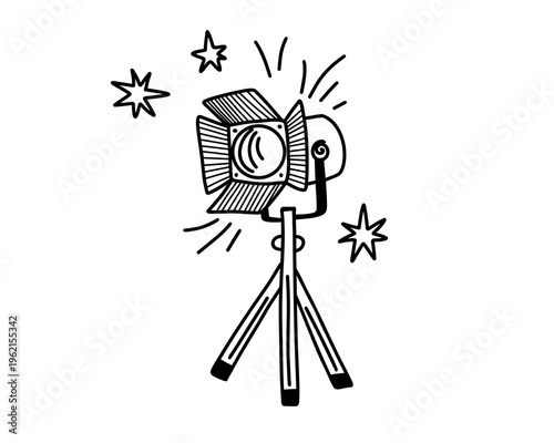 Vintage cinema spotlight on tripod in hand drawn outline style, retro movie equipment icon for theater branding, production graphics, film posters and entertainment design. Vector illustration
