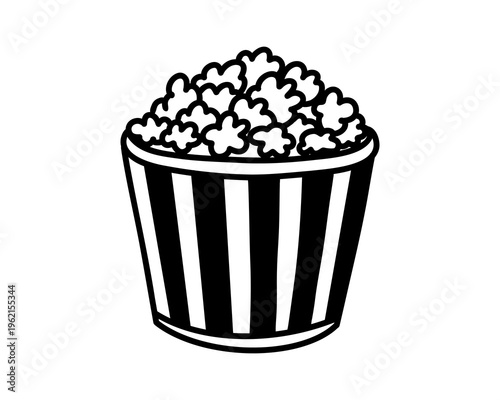 Hand drawn popcorn bucket icon in playful cinema style, classic movie snack illustration for theater branding, entertainment posters, concession graphics and retro film themed design. Vector