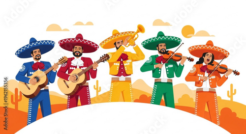 Mariachi band playing music in desert landscape with sombreros and traditional clothing