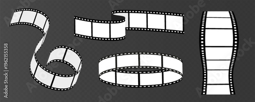 Collection of filmstrip borders with curved, oval, straight and perspective shapes, versatile cinema design set for movie titles, editing layouts, multimedia graphics and creative templates. Vector