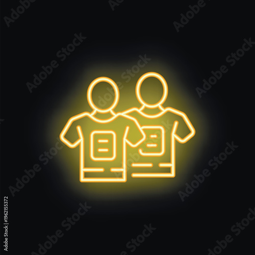 Yellow neon icon representing two people wearing the same t shirt, symbolizing teamwork or belonging to a group