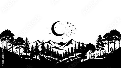 Stylized nocturnal mountain landscape with a captivating crescent moon amidst a dense pine forest, a serene silhouette illustration capturing the essence of wilderness and natural beauty