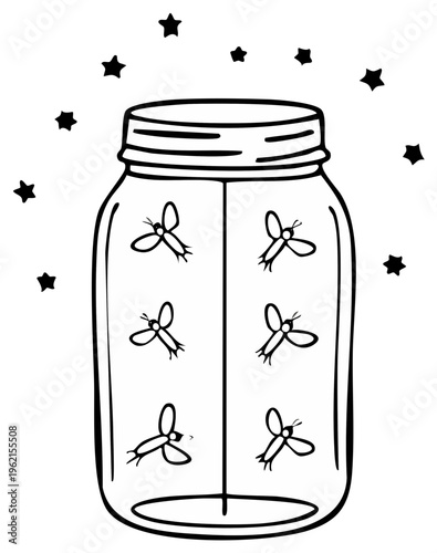Whimsical jar filled with glowing fireflies and stars illustration
