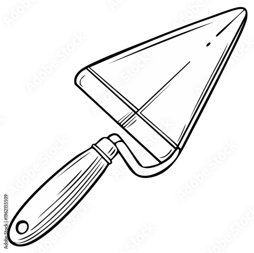 A hand drawn black and white line art illustration of a construction trowel