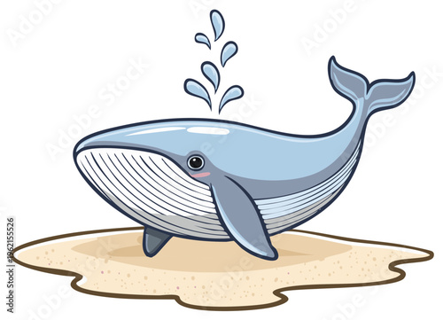 Cartoon whale spouting water on sand, illustration of ocean animal