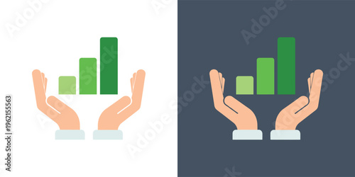 Hands holding a vibrant green bar chart symbolizing business growth, financial success, and data analysis in a flat icon design representing progress and achievement