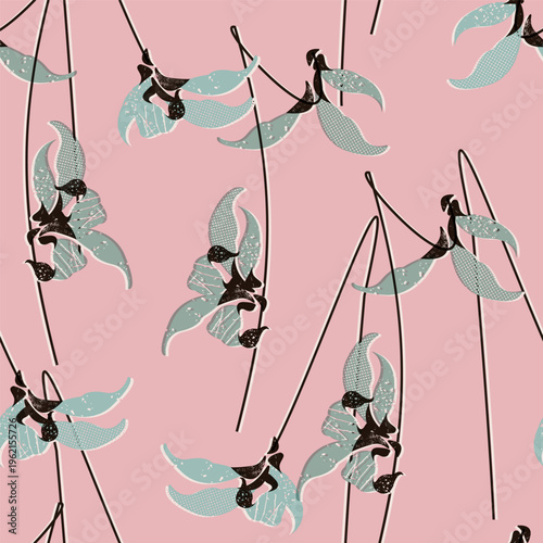 A delicate seamless vector pattern of stylized hanging blooms in mint and black on soft pink background