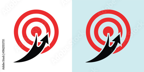 Vector illustration of a red target with a black arrow flying upwards, symbolizing business goals, strategic achievement, success, and focused ambition