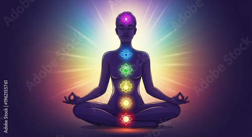 Meditating person with colorful chakras on body and glowing aura in dark background