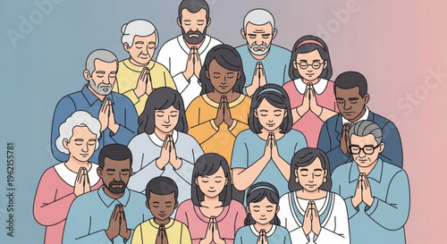 Diverse group of people praying together in unity and harmony with hands clasped in front of them
