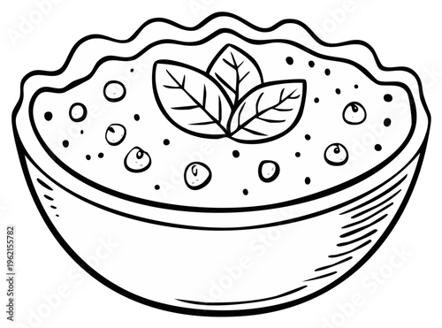 Hand-drawn illustration of a bowl of porridge topped with berries and mint leaves