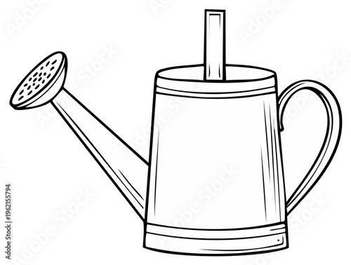 Classic metal watering can with a long spout and rose for garden watering and plant care