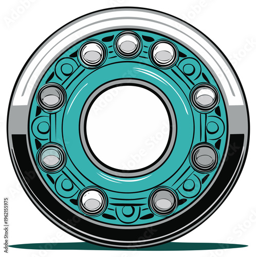 Close-up illustration of a mechanical ball bearing with a blue and silver metallic finish