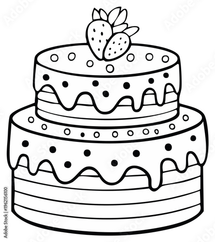 Two-Tiered Cake with Strawberries and Polka Dots Outline