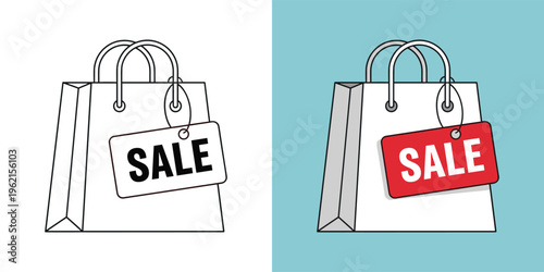Vibrant shopping bag illustration with a prominent red 'SALE' tag, perfect for e-commerce promotions, retail marketing campaigns, and special discount advertisements