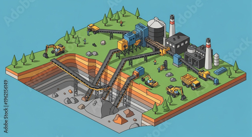 Isometric Mining Operation - A Detailed Visualization of Resource Extraction.