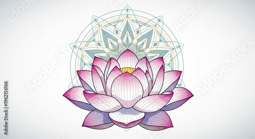 Vibrant pink and white lotus flower with intricate mandala design on white background symbolizing spiritual growth and harmony
