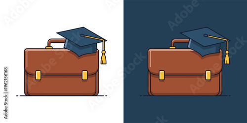 Symbolic vector illustration of a briefcase topped with a graduation cap, representing educational attainment and career aspirations for a successful future