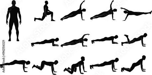 WebMale fitness silhouette set with man doing plank, pushup, lunges, side plank, and workout exercise collection for health wellness activity