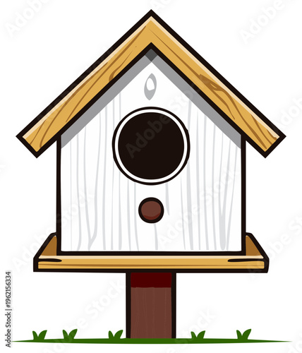 Cartoon birdhouse illustration on a wooden post.