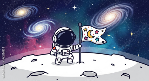 Astronaut standing on moon surface holding colorful flag with celestial symbols under starry night sky with galaxies