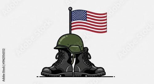 Military boots and helmet with american flag symbolizing patriotism and sacrifice in a solemn memorial