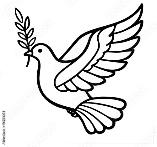 White dove carrying branch illustration Symbol of Peace and Hope Vector Graphic Line Art