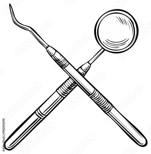 Crossed dental tools illustration showing a probe and mirror for oral care