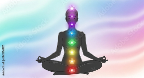 Meditating person with colorful chakra symbols on body representing spiritual energy and wellness in a peaceful atmosphere with pastel background