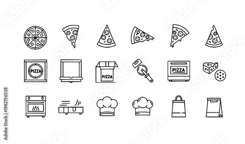 Modern pizza line icon pack with slices delivery and kitchen elements vector collection isolated on white background for UI design