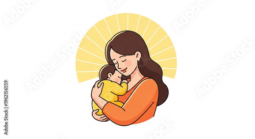 Mother tenderly hugging her baby with warm smile and sunshine background