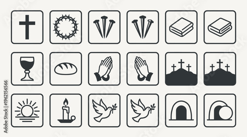 Flat illustration of twenty minimalist black‑white religious icons arranged in four rows on a light gray surface, viewed from a straight top‑down perspective for clear visual reference.