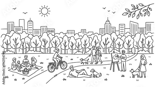 Black and white sketch of people enjoying park activities cityscape background.