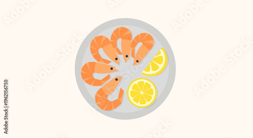 Delicious shrimp with lemon slices on plate.