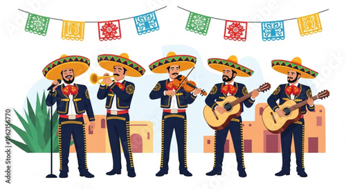 Mariachi band performing music in traditional mexican costumes with sombreros and colorful flags background