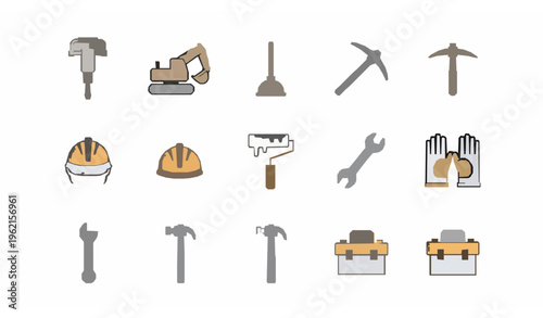 Modern repair tools line icon pack with jackhammer angle grinder saw blade and hand tools vector collection isolated on white background