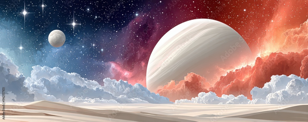 Fototapeta premium Bright white planet rising over desert dunes under a colorful starry sky, evoking wonder and exploration