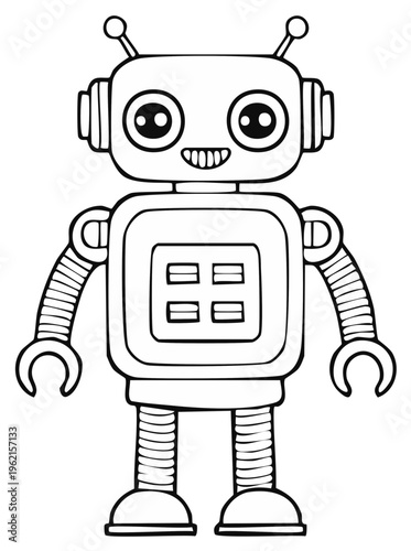 Cute cartoon robot character illustration. Outline drawing of a smiling futuristic machine.