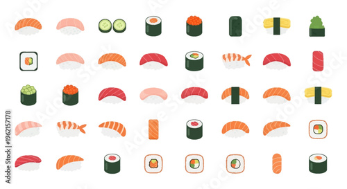 Variety of sushi and sashimi pieces.