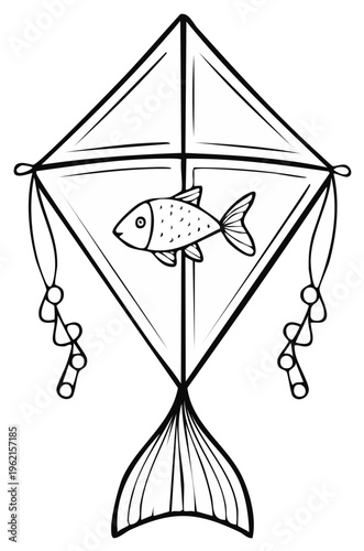 Whimsical Kite with a Playful Fish Design Hand Drawn Outline for Outdoor Fun