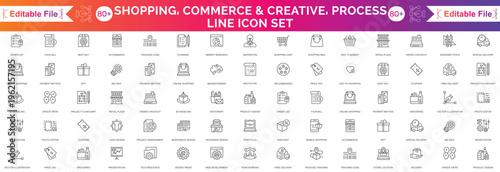 Shopping web icons in line style. Mobile Shop, Digital marketing, Bank Card, Gifts. Vector illustration.