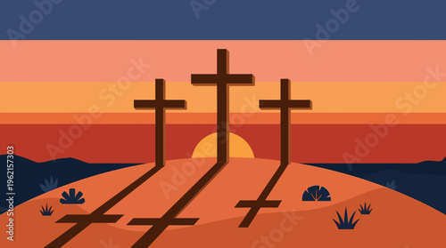 Quiet evening scene capturing three wooden crosses standing on a reddish-orange hill at sunset, viewed from a low angle, illustrating somber reflection under golden light and distant rolling hills