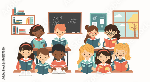Diverse group of children reading books in a classroom, symbolizing education and learning