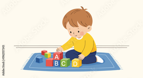 Cute toddler boy playing with colorful alphabet blocks on a blue rug, learning and development concept