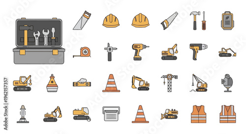 Collection of construction tools and equipment icons.