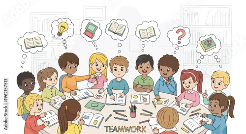 Diverse group of happy school children collaborating and learning together at a table, sharing ideas and knowledge in a classroom setting. Hand-drawn illustration.